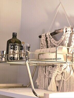 Mid-Century Modern Gold & Glass Serving Tray, Plant Stand, Tabletop Bar Cart